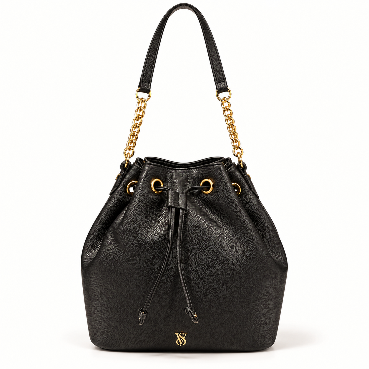 Bolso Victoria's Secret negro con detalles dorados sobre fondo blanco; imagen editada con IA.